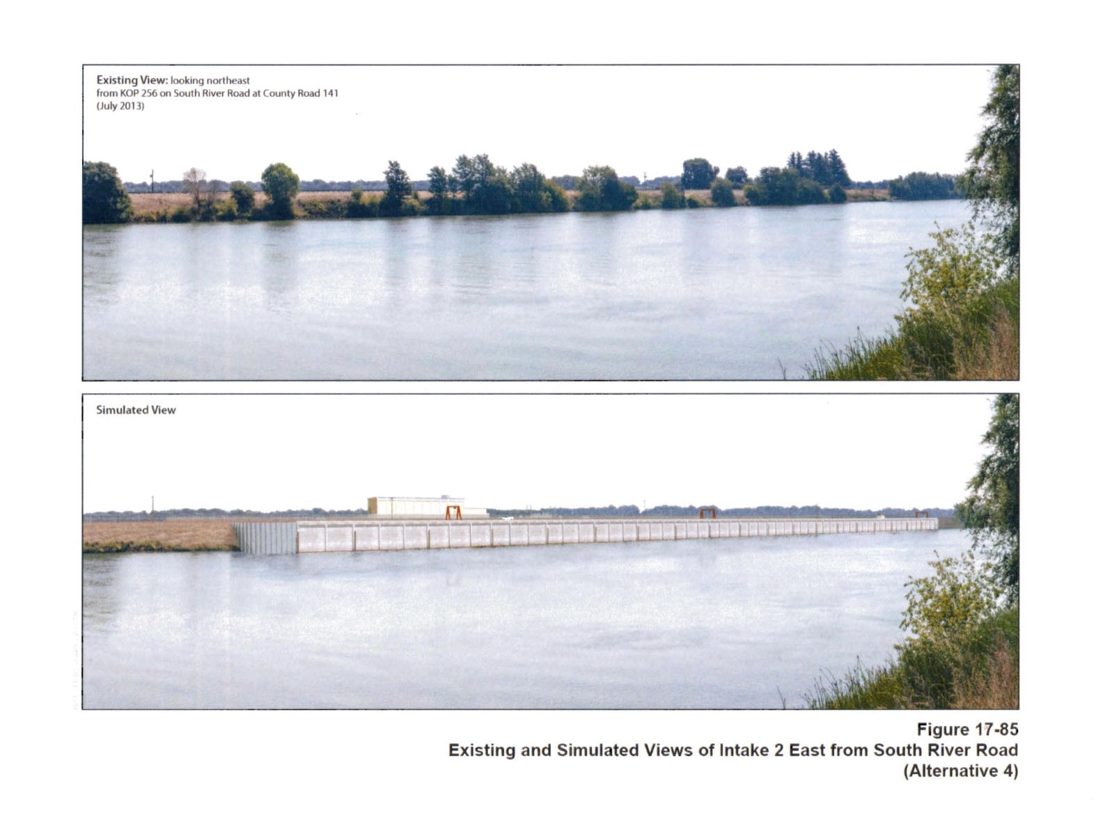 Picture of the current landscape near County road 141 and a simulated view of intake which would be almost 400 yards along South River Road
