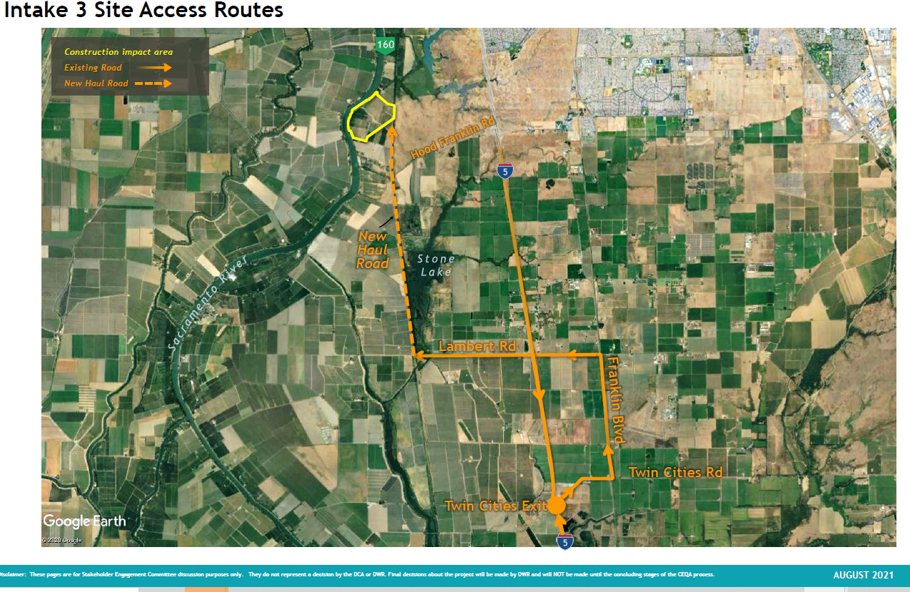 Maps showing current roads and a proposed road that would be built for hauling materials to the construction from Lambert to Hood Franklin Road