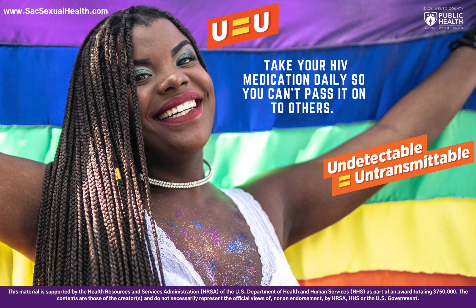 Downloadable poster: U=U. Take your HIV medication daily so you can't pass it on to others.
