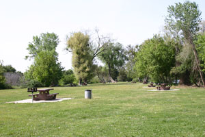 Picnic area with table at Hogback Island