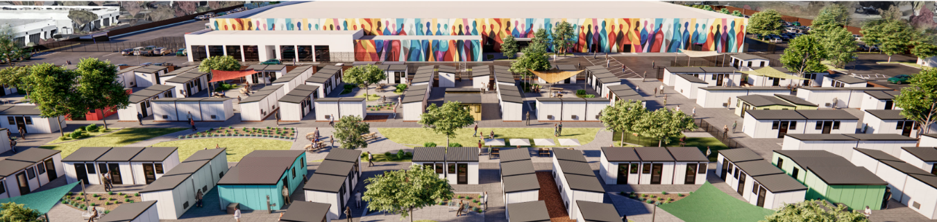 Mock up of community plans, many small homes and buildings on a plot of land