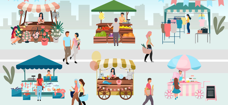 Sidewalk vendors with carts, pop up and umbrella coverings